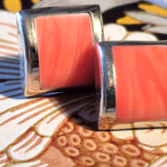Rare Pink Coral 925 Sterling Silver Square Rare  Pink Coral and  Earrings - Picture 3 of 9